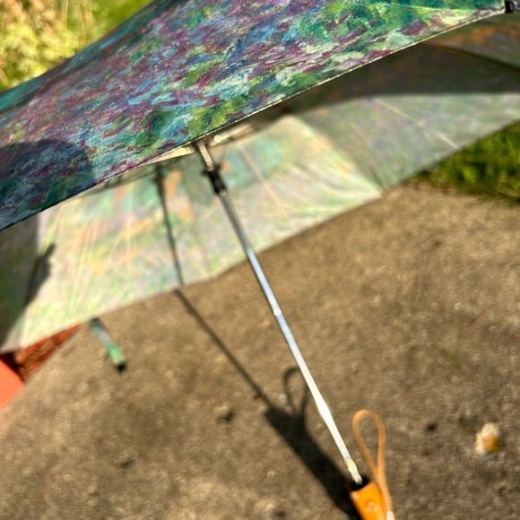 VINTAGE SALAMANDER (1992) POLYESTER WATERCOLOR PRINT WOOD HANDLE UMBRELLA - Picture 12 of 16